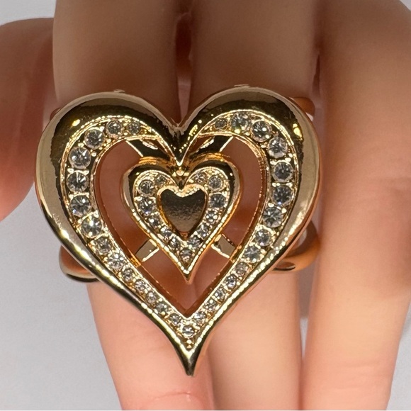 Glam Gold Tone Pave Crystal Double Heart Scarf Slide Ring Clip - Picture 6 of 15